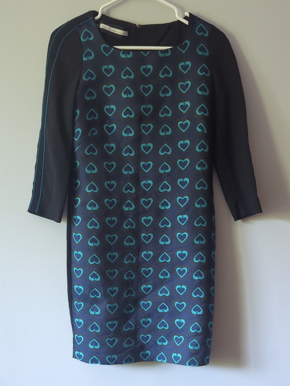 Aquilano Rimondi Black Long-Sleeve Shift Dress with Teal Heart Motif